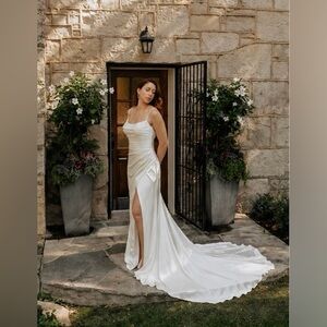 NBW: New Elegant White Satin Wedding Gown with Side Slit, Satin buttons, train